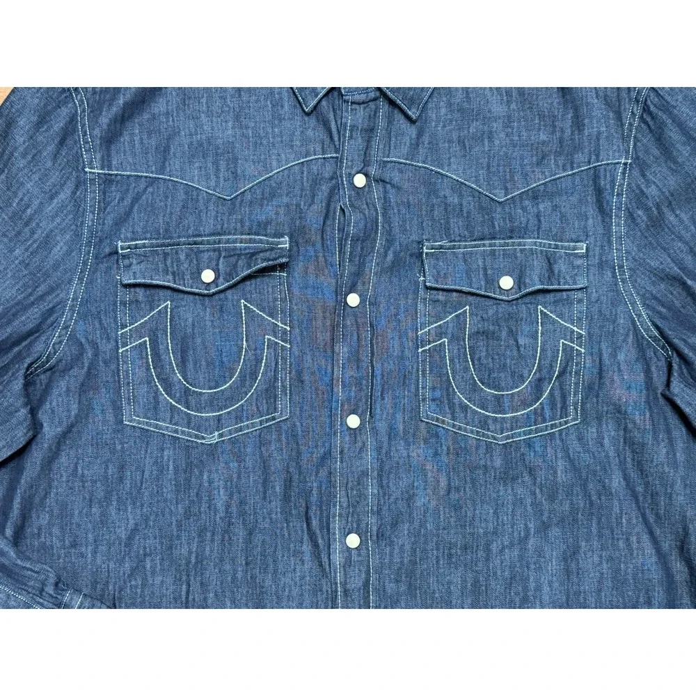 True Religion Mens Dark Wash Western Pearl Snap Shirt Indigo Denim Sz XL
